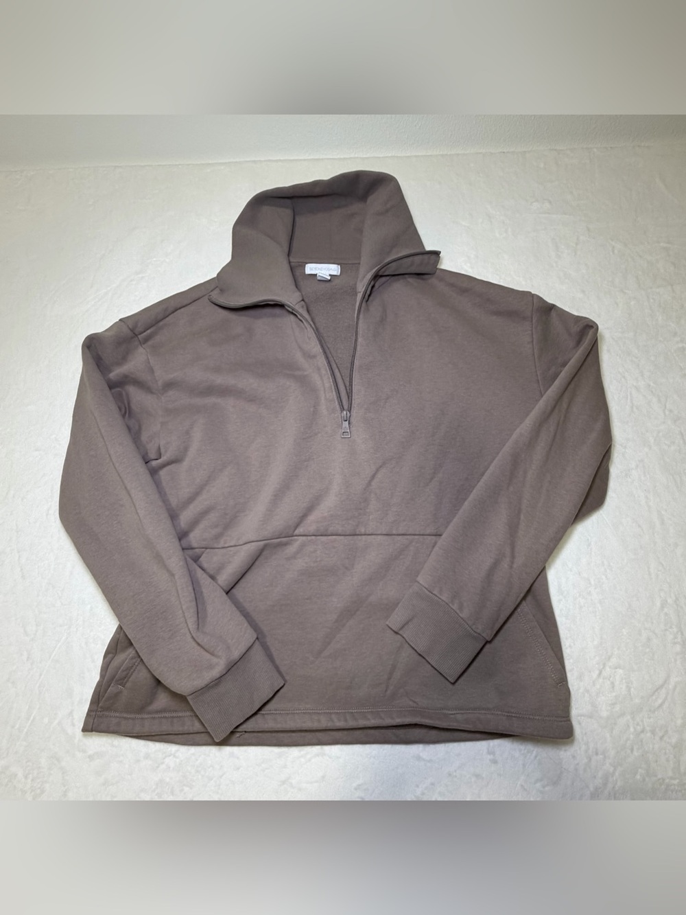 Beyond Yoga Zip-Neck Pullover Sweater in Taupe